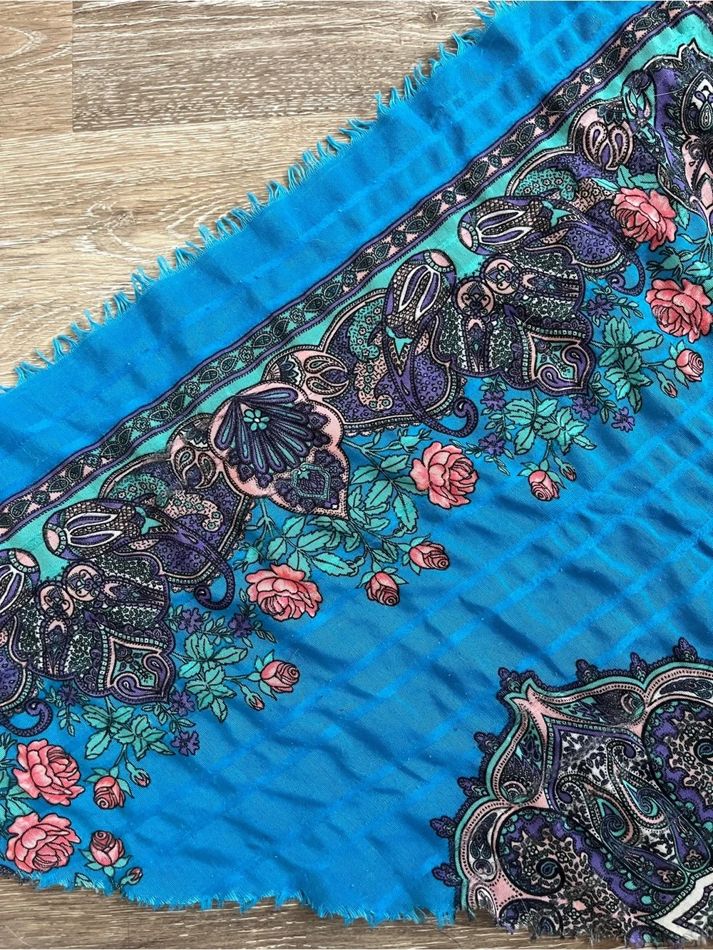 Vintage Blue Floral Pink Roses Paisley Triangle Scarf